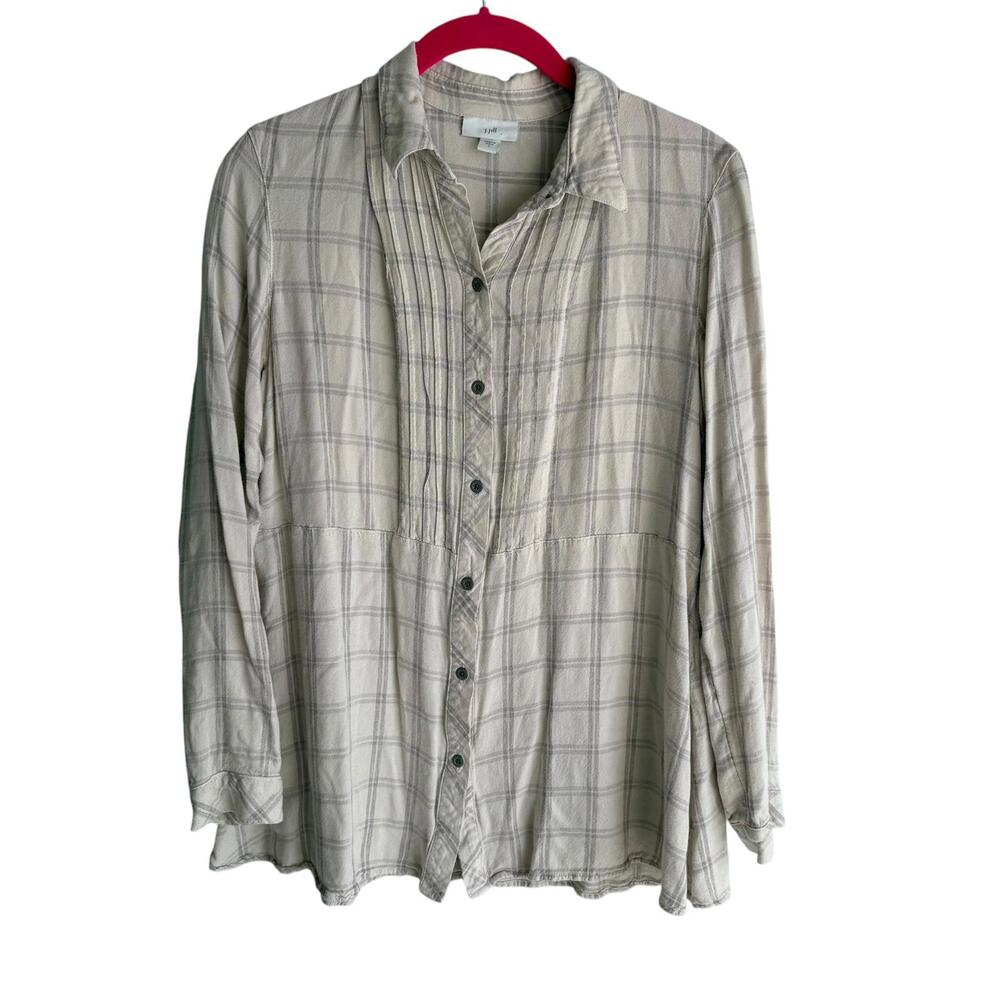 J.JILL Cream Plaid Long Sleeve Ladies Button Up Tunic Top, S